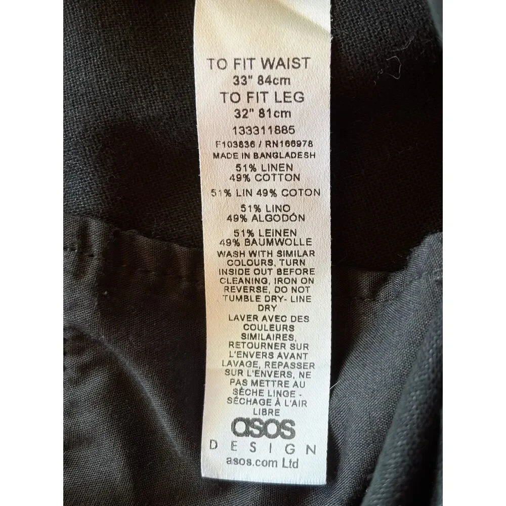 ASOS Design Black Linen Blend Relaxed Chino Pants Men’s W33 L32 Classic Minimal